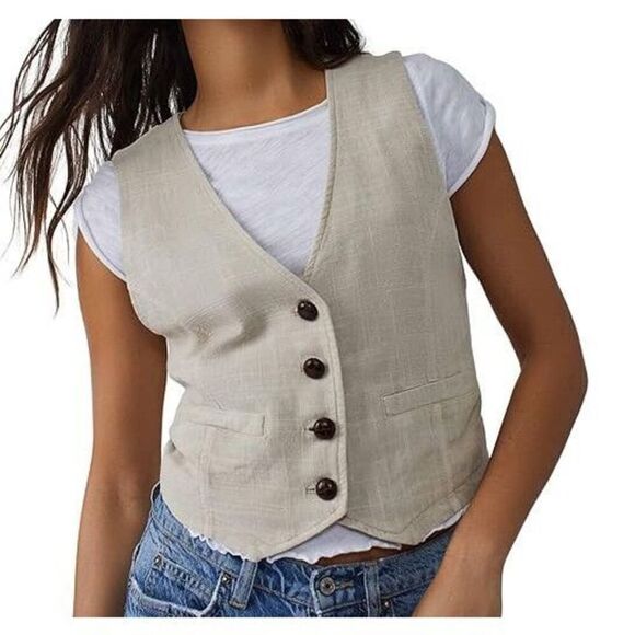 We The Free x FP OB1658551 Women's Sz M Khaki/Taupe Charley Linen Blend Vest - Picture 8 of 9